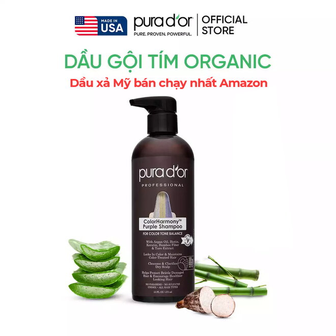 Dầu gội tím PURA D'OR ColorHarmony giúp giữ màu tóc, phục hồi tóc hư tổn do tẩy nhuộm 473ml